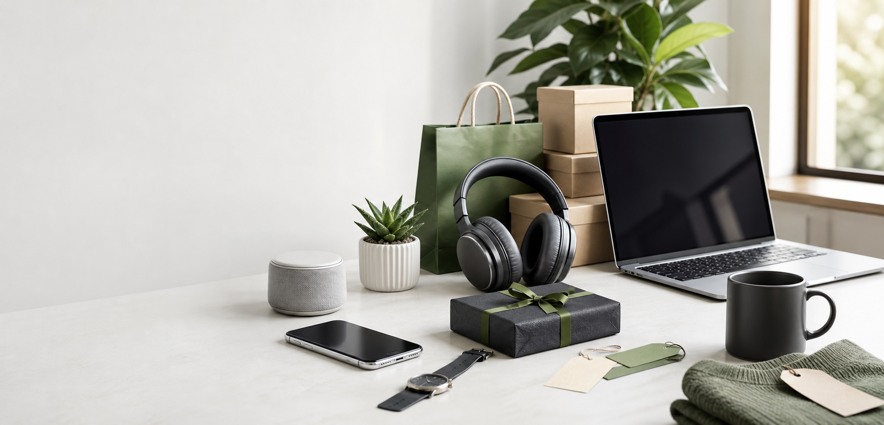 A clean desk with headphones, laptop, phone, and accessories.